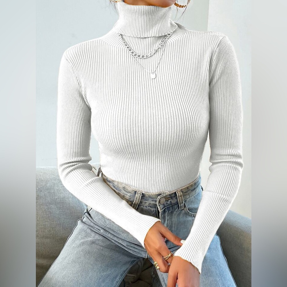Shein White Ribbed Knit Turtleneck Sweater